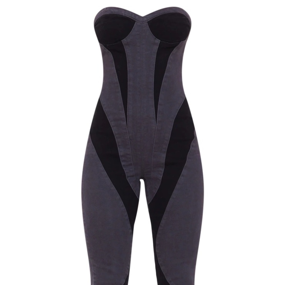 BLACK CONTRAST PANEL DETAIL DENIM JUMPSUIT